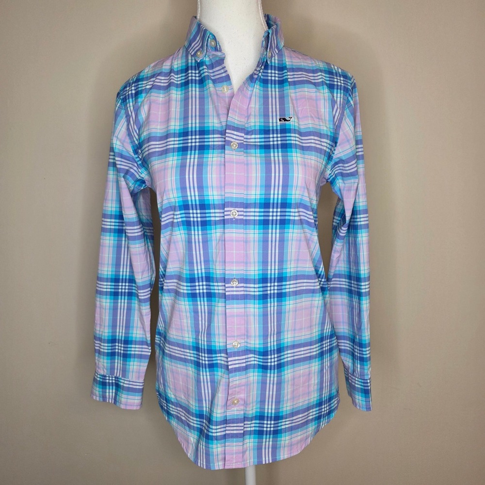 Vineyard Vines Performance Shirt Womens Medium 12-14 Pink Blue Plaid Button Down
